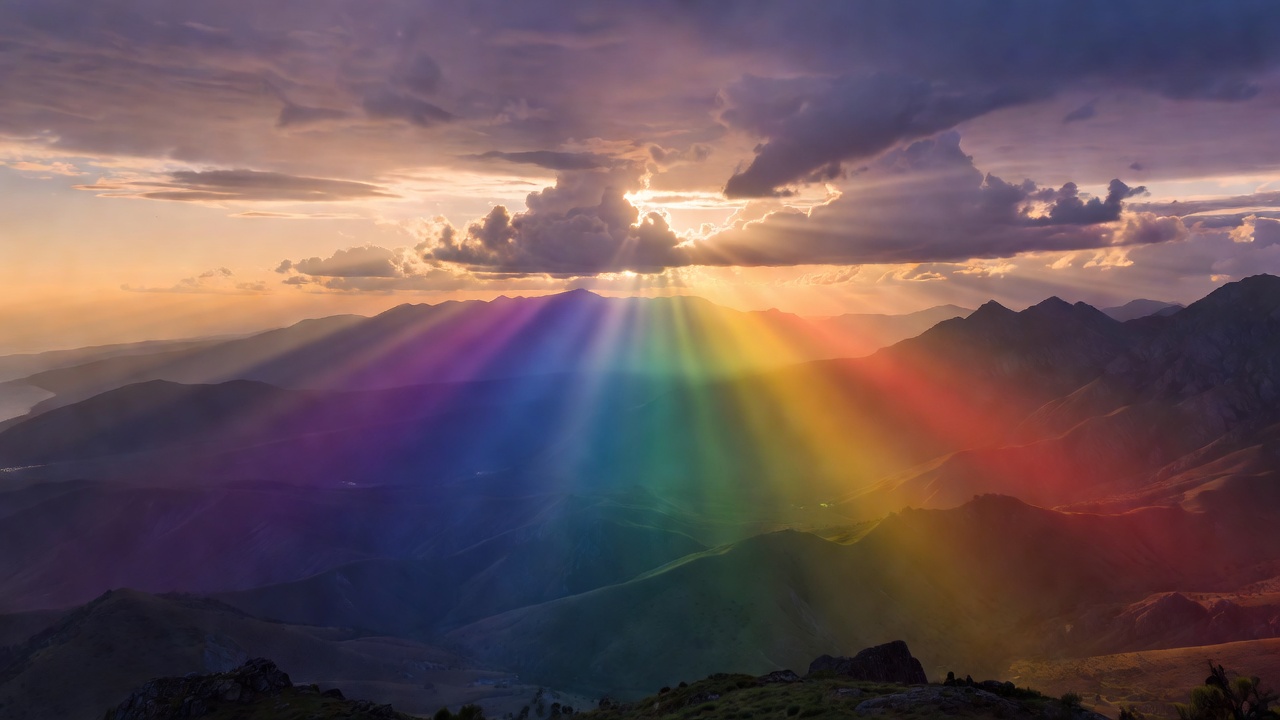 Atmospheric sunset light beaming through clouds creating a natural prism gradient