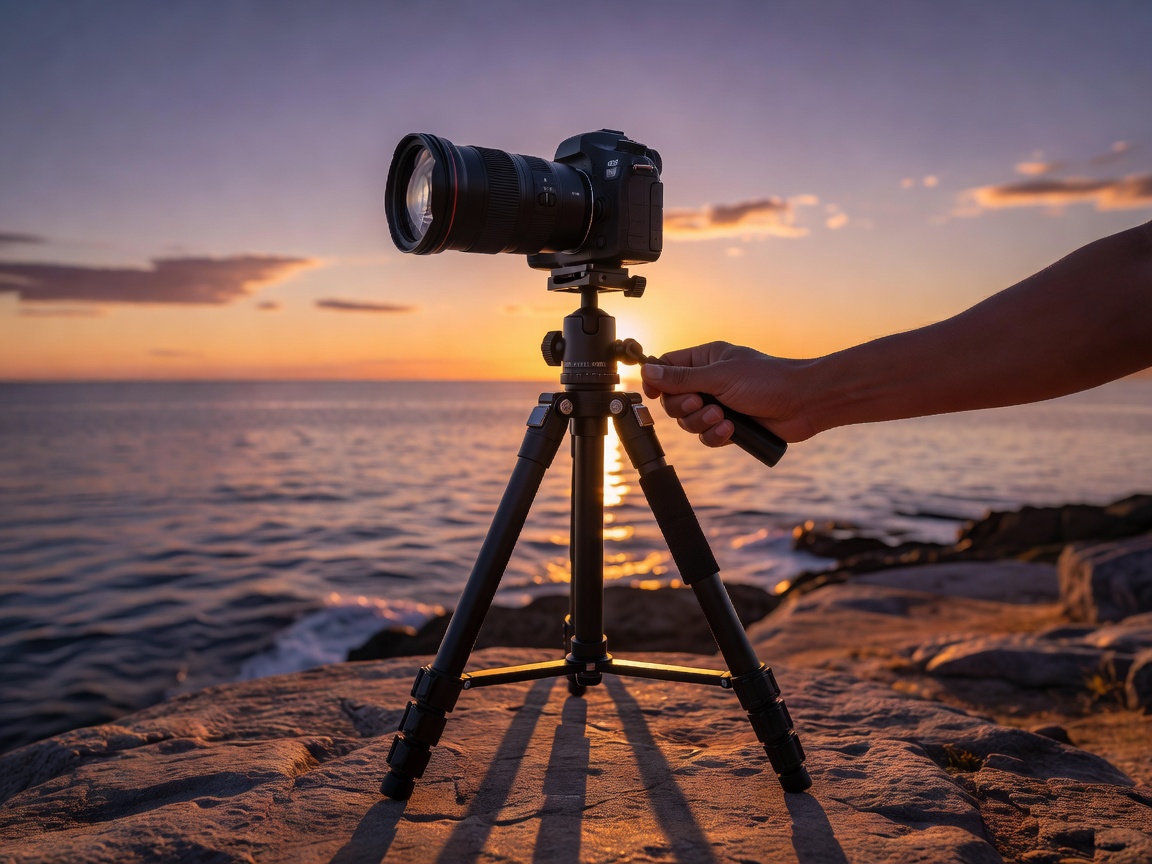 Camera lens setting up for low light sunset photography on a tripod during golden hour