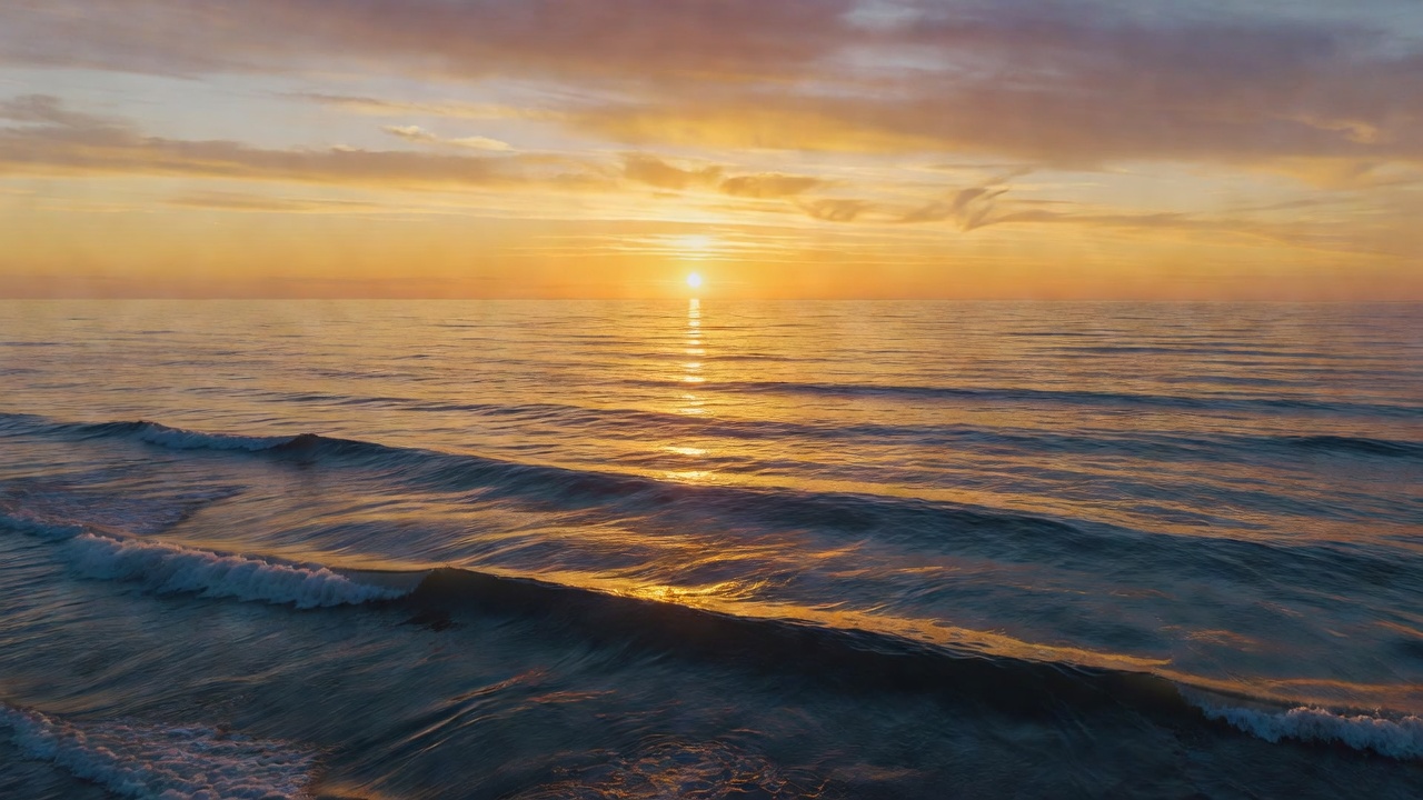 Golden sunset over ocean waves with serene horizon