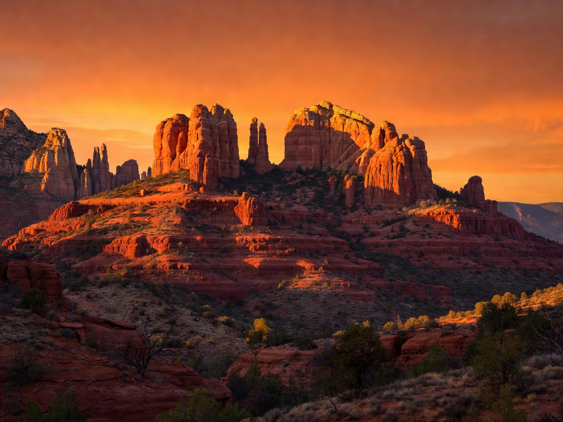Red rock mountain peaks in Sedona Arizona glowing under burnt orange sunset