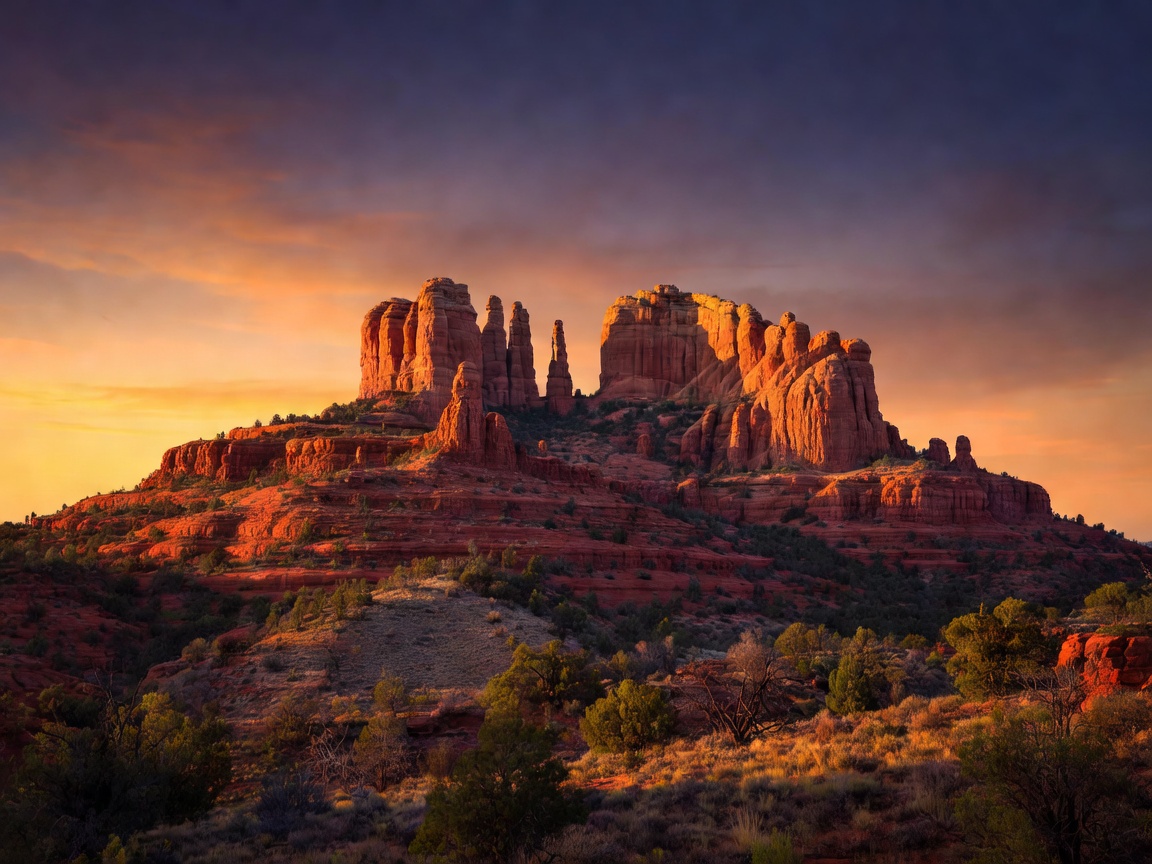 Sedona red sandstone formations glowing warmly under a rich Arizona twilight