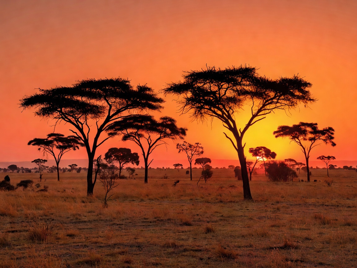 Silhouetted acacia trees on the Masai Mara savannah under a fiery orange sunset