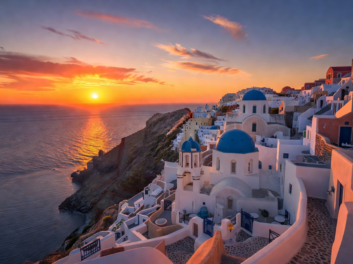 View of Oia village in Santorini facing the ocean horizon at sunset